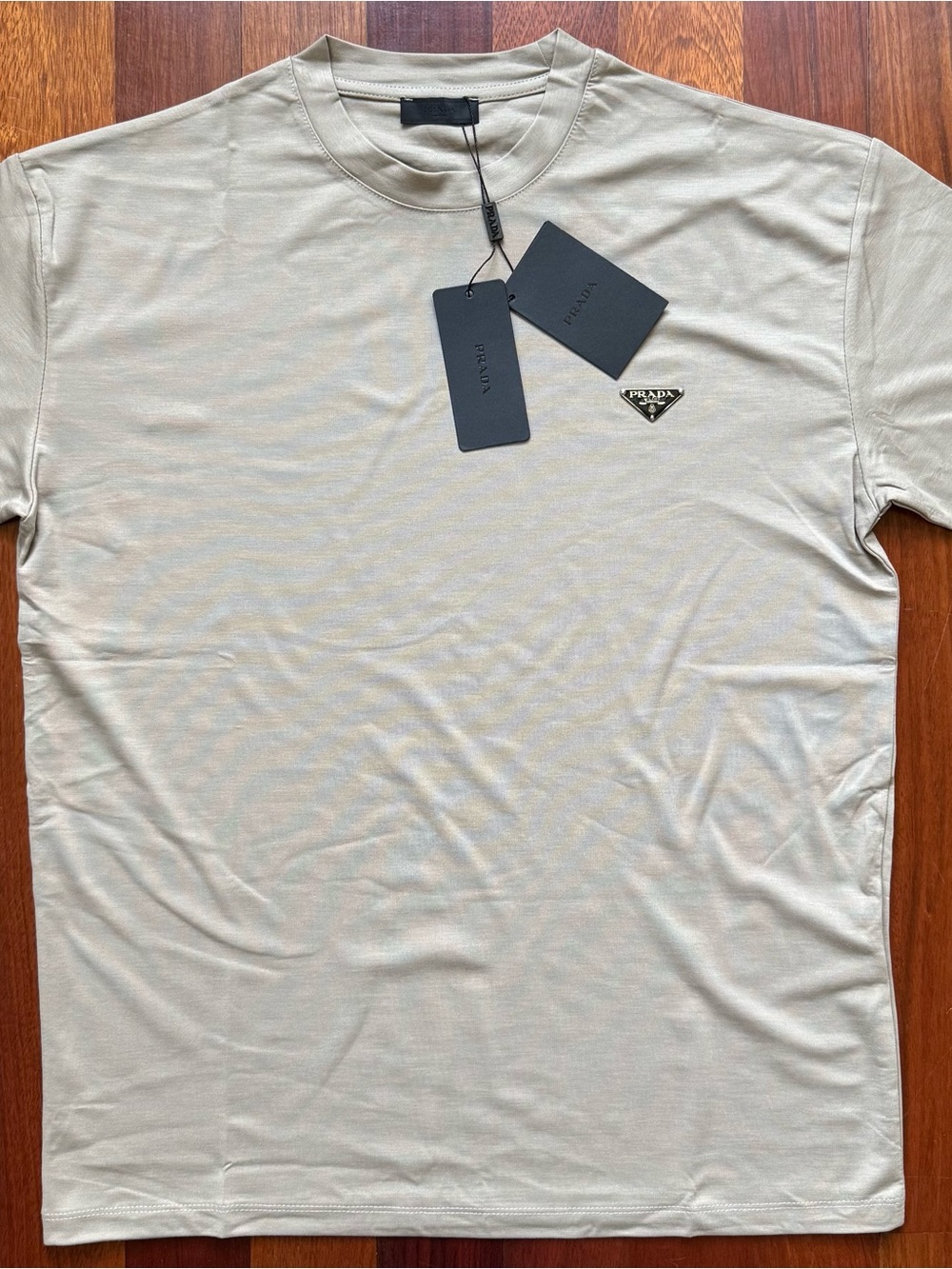 Prada Men’s Light Beige Crewneck T-Shirt with Triangle Logo
